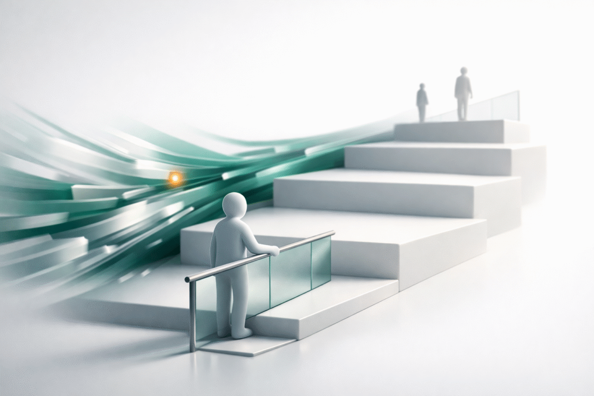 Isometric 3D illustration of the pace of AI development being slowed into measured steps along a diagonal flow