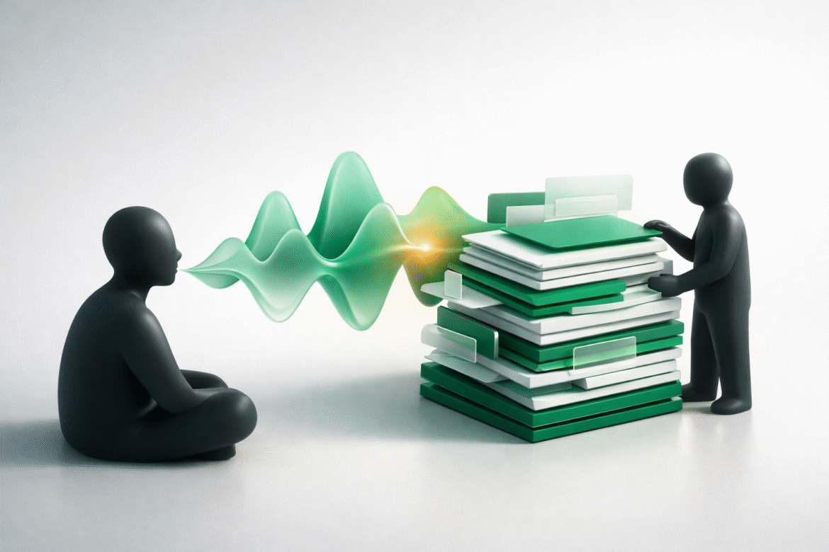 Abstract emerald illustration of spoken sound waves resolving into organized message cards, representing voice AI for small business