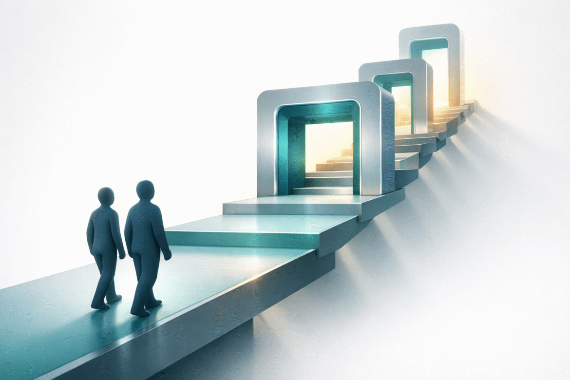Abstract flat vector scene of a rising pathway with progressively narrowing gateways, illustrating the AI hiring gender gap facing women