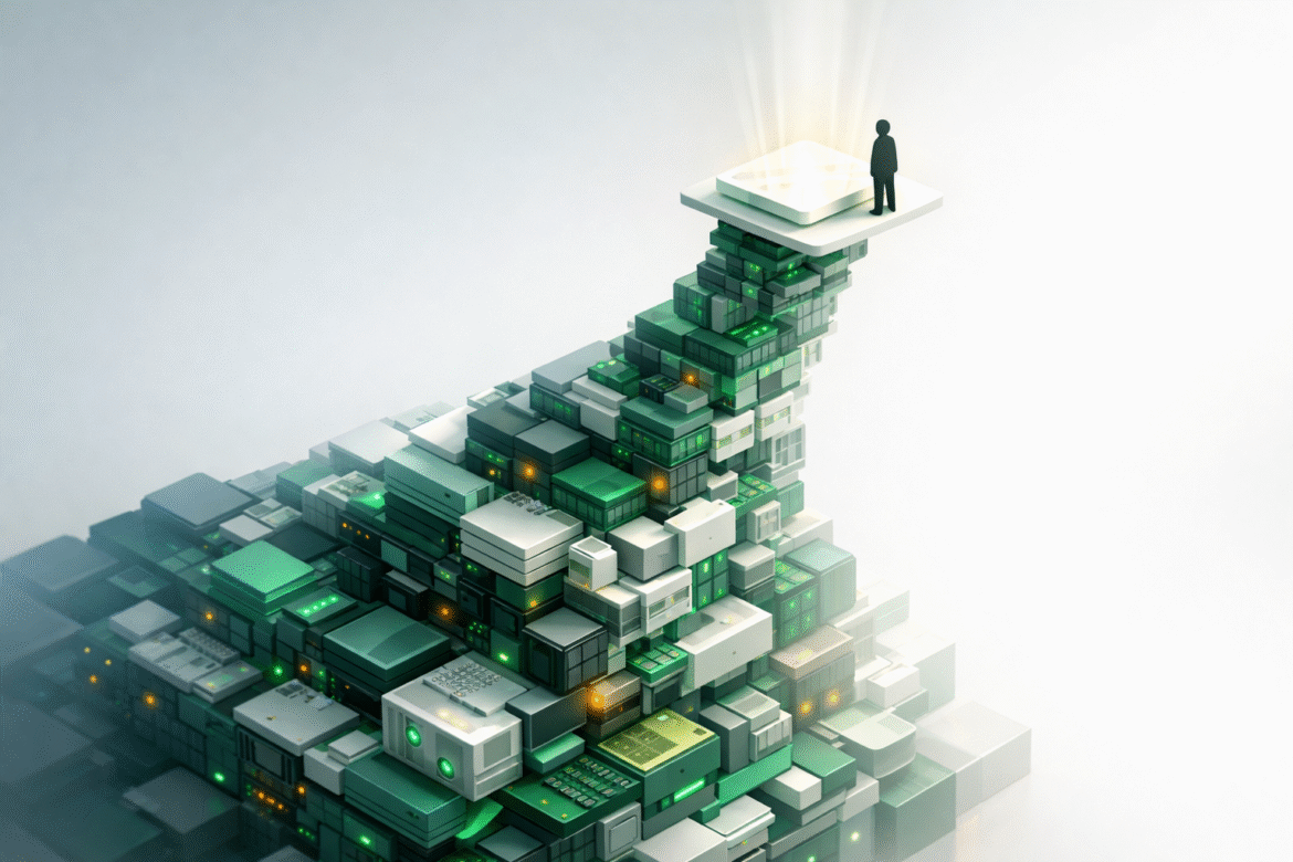 Isometric 3D illustration of a vast layered computing foundation narrowing into one small workspace tile, representing AI compute capacity limits behind small business tools.