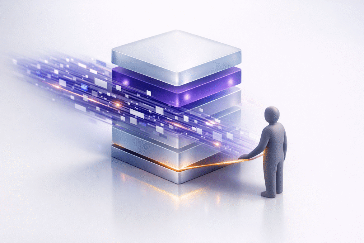 Abstract data-as-art illustration of a layered knowledge stack with a thinned base layer, representing AI entry-level hiring and the narrowing junior rung.