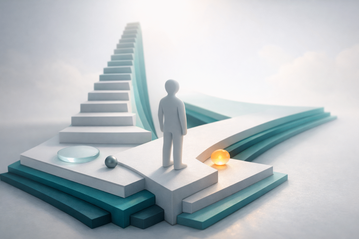 Abstract layered 3D illustration of two stepped paths diverging from one base, one climbing and one leveling off, representing the AI job growth gap for women