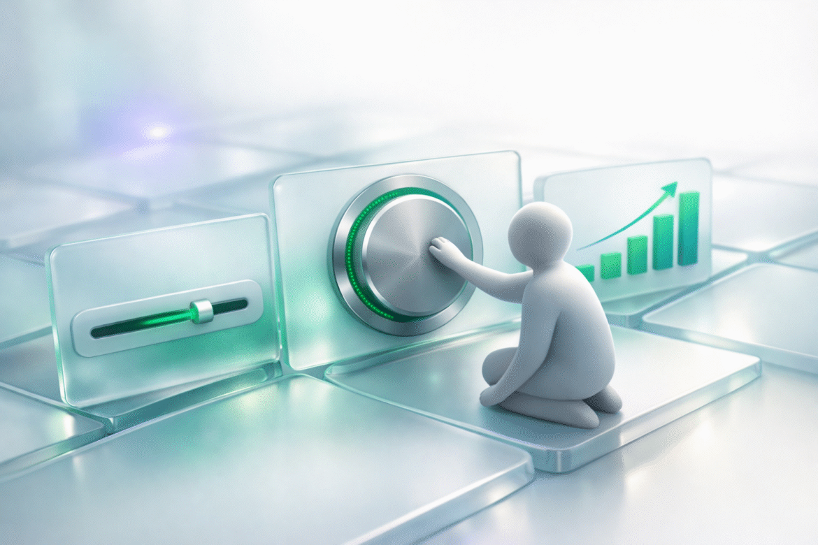 Abstract glassmorphism illustration of answer cards becoming adjustable dials and charts, representing ChatGPT Intelligent UI for small business