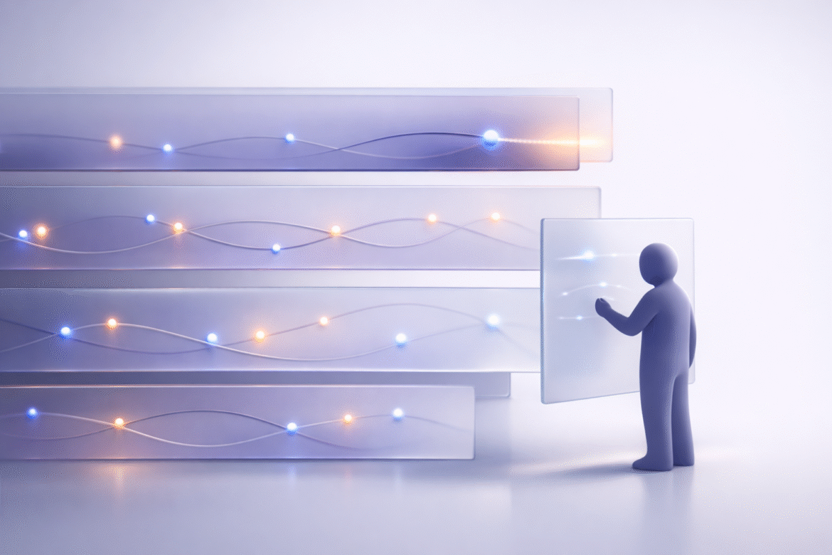 Glassmorphism illustration of layered translucent bands with glowing agent nodes, one drifting past a boundary, representing the FTC AI investigation into agent safety.