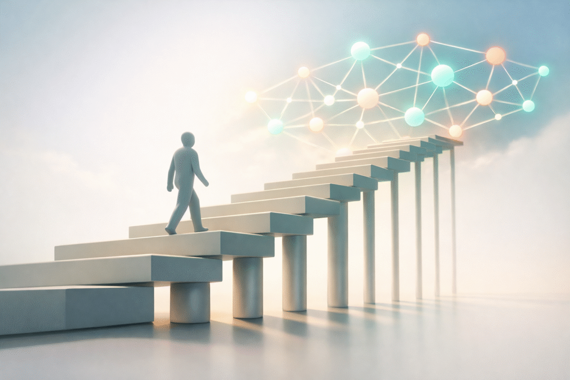 Flat vector illustration of a figure climbing a diagonal path toward a glowing network while supporting pillars thin out, representing the Gender Snapshot 2026 findings on women and AI.