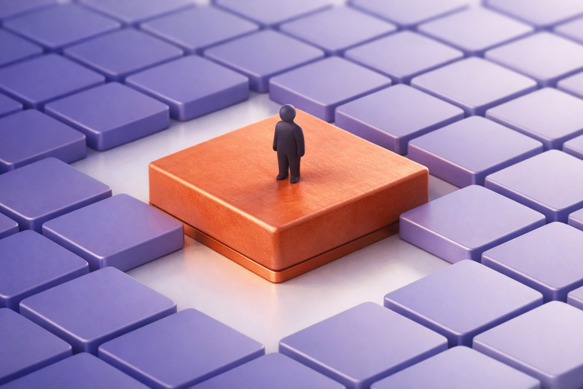 Isometric 3D grid of identical tiles with one larger warm tile holding a single faceless figure, illustrating the human touch small business advantage beside AI