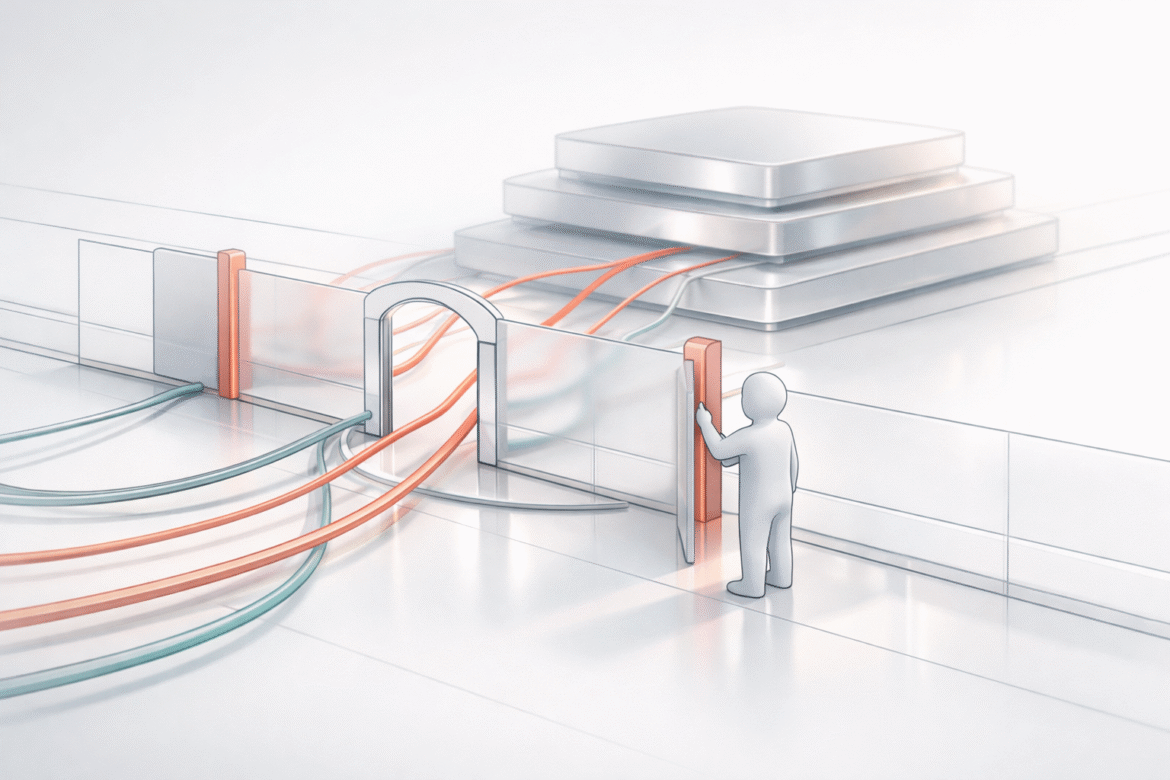 Abstract line-art illustration of a permission boundary set across a stacked website structure, representing the Meta commercial terms crawling clause