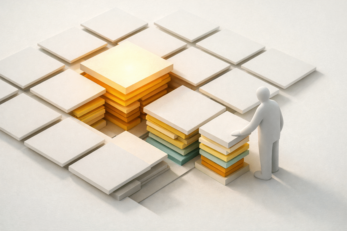 Layered paper-cut illustration of a tile grid with one raised, lit tile above uneven support layers, representing National Women in AI Month and the structural support beneath visibility.