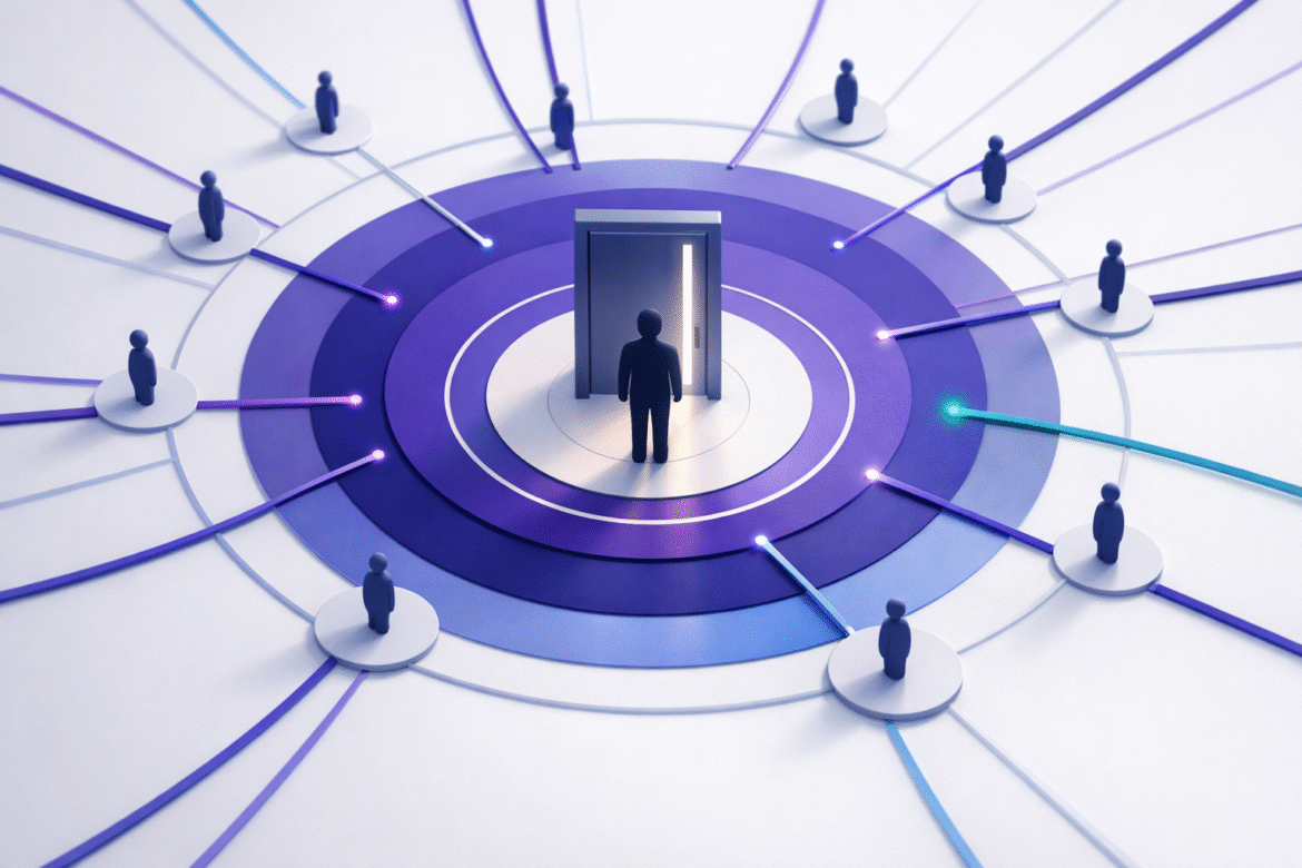 Abstract radial illustration of many customer AI agents converging on one business entrance ringed by permission layers, representing the Personal Agent Protocol for small business