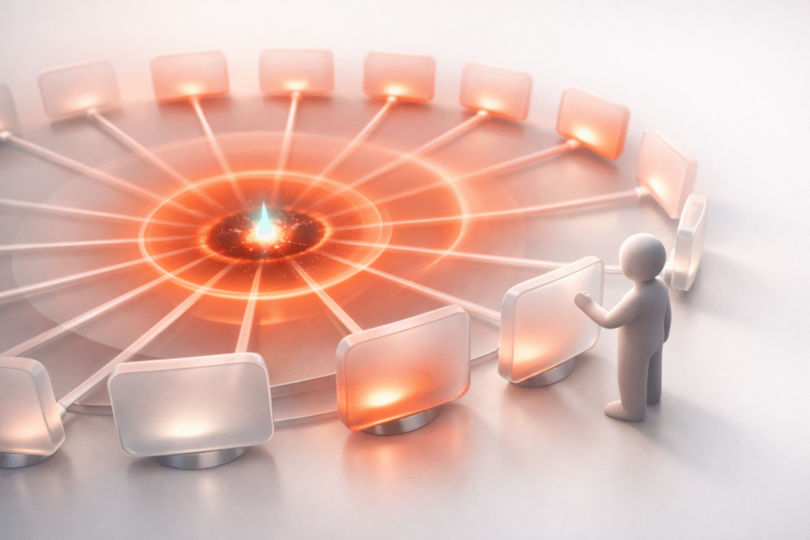 Abstract radial illustration of a central fix radiating outward to many small endpoint panels, representing a PHP security update reaching small business websites unevenly