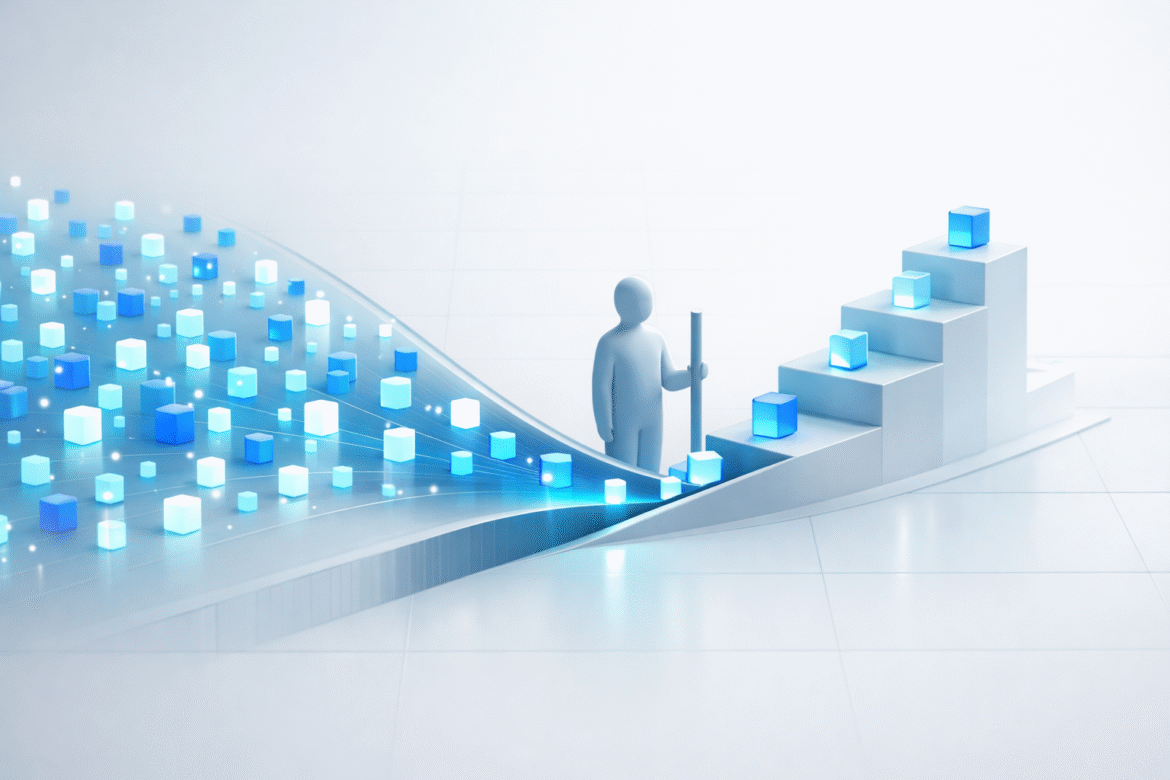 Abstract blue illustration of many small proven results narrowing into the few that continue and rise, representing the difficulty of scaling AI projects in a business