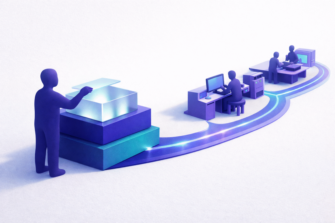 Abstract illustration of the small business AI skills gap, with knowledge held by one person flowing along a path into a team of connected workstations