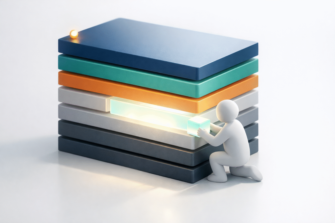 Isometric 3D illustration of stacked time blocks with one hour kept open and luminous, representing the time to learn AI that women business owners struggle to protect
