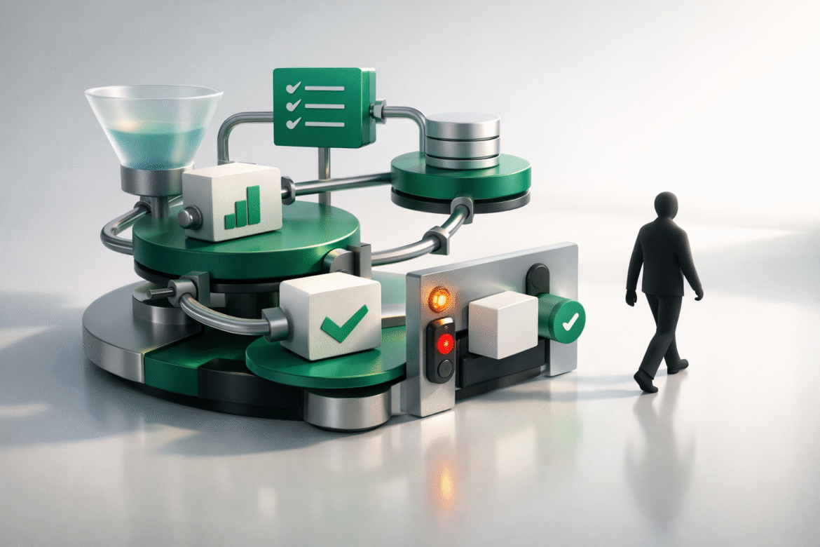Abstract 3D illustration of unattended AI tasks continuing in a workflow while a faceless figure steps away