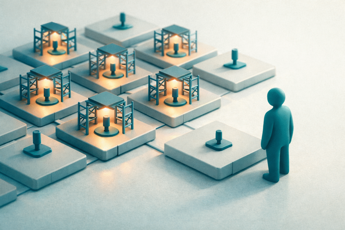 Abstract tile grid where only some tiles have supporting scaffolding and light, illustrating the women AI training gap
